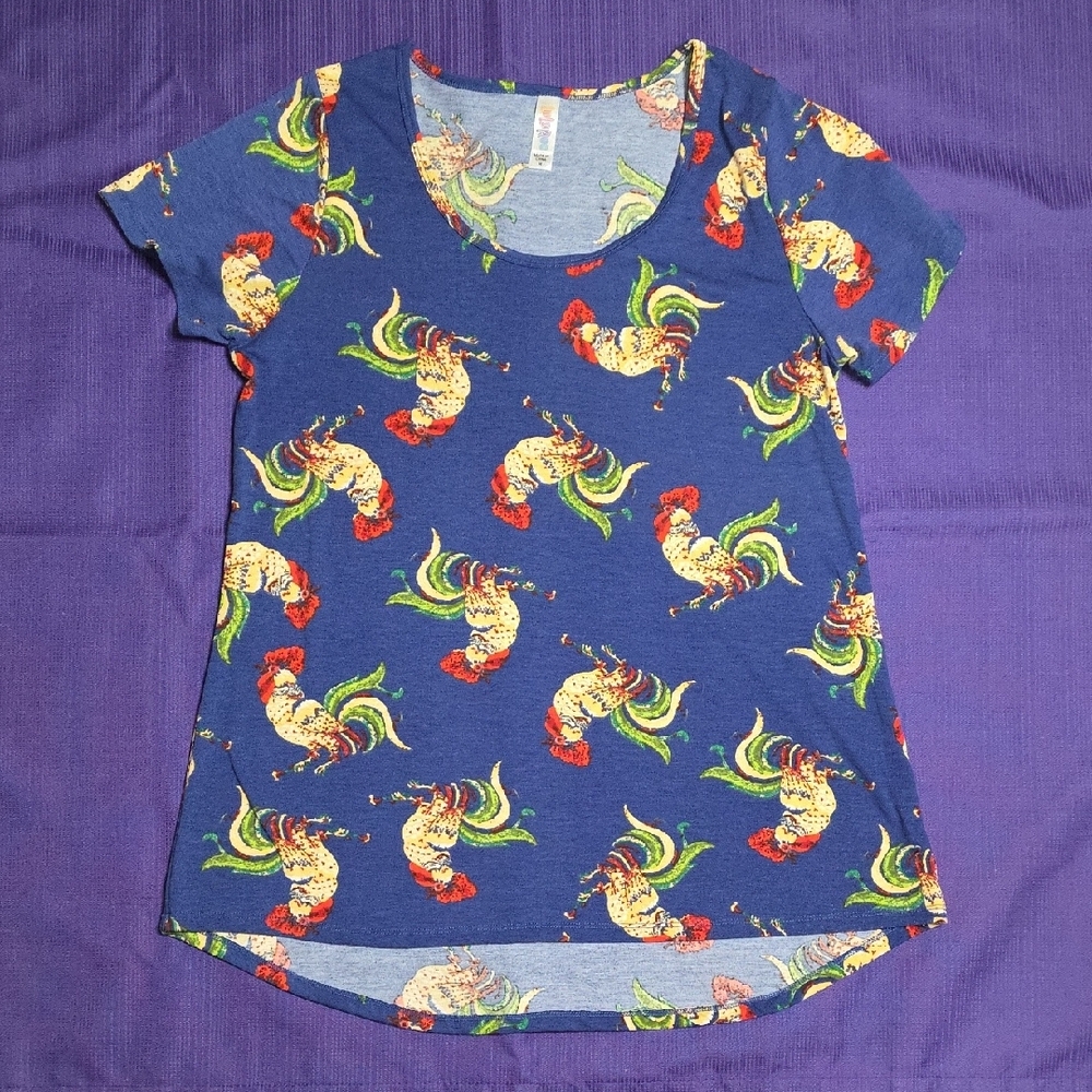 Women's LuLaRoe Rooster Print Blue T-Shirt